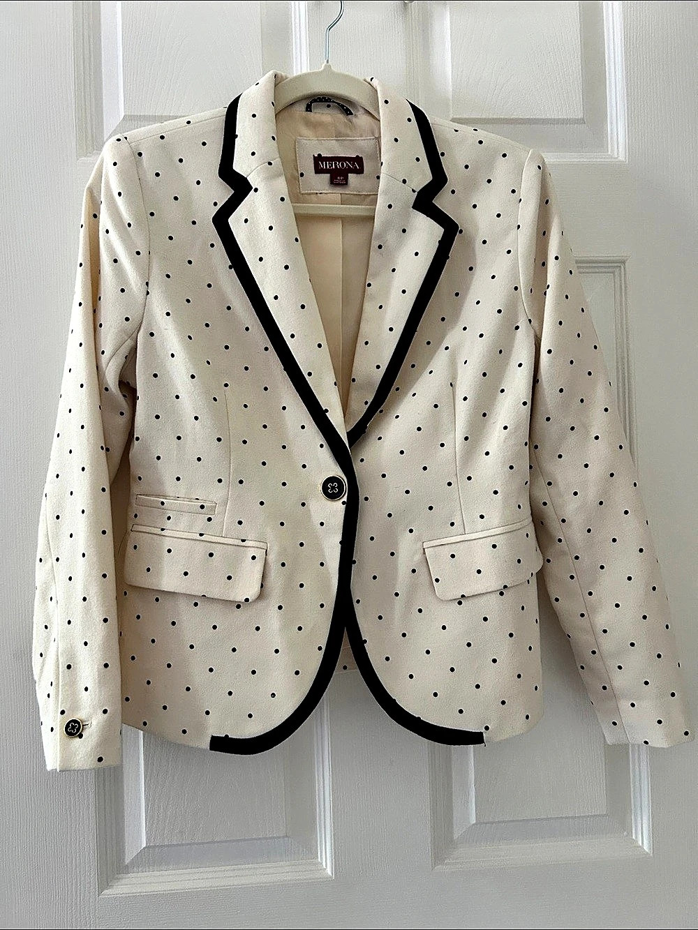 Merona Polka Dot Blazer with Black Trim Cream & Black Size 6P Like New